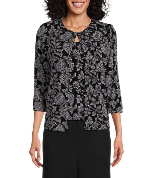 Alex Evenings 3/4 Sleeve Mandarin Collar Scoop Neck Floral 2-Piece Twinset (Petite) -WISTERIA BLACK - FRONT