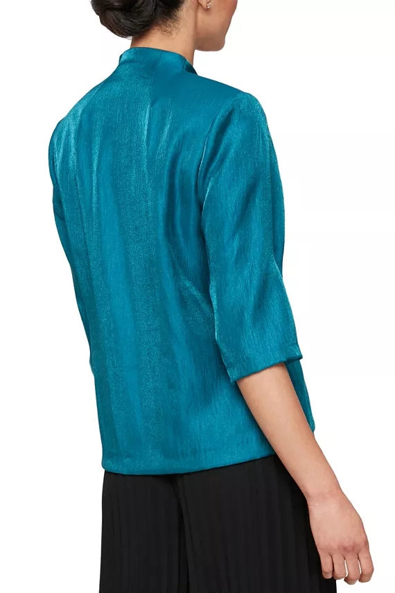 Alex Evenings 3/4 Sleeve V-Neck Asymmetric Overlay Hem Blouse (Petite) - TEAL - Back