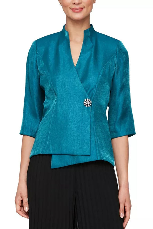 Alex Evenings 3/4 Sleeve V-Neck Asymmetric Overlay Hem Blouse (Petite) - TEAL - Front