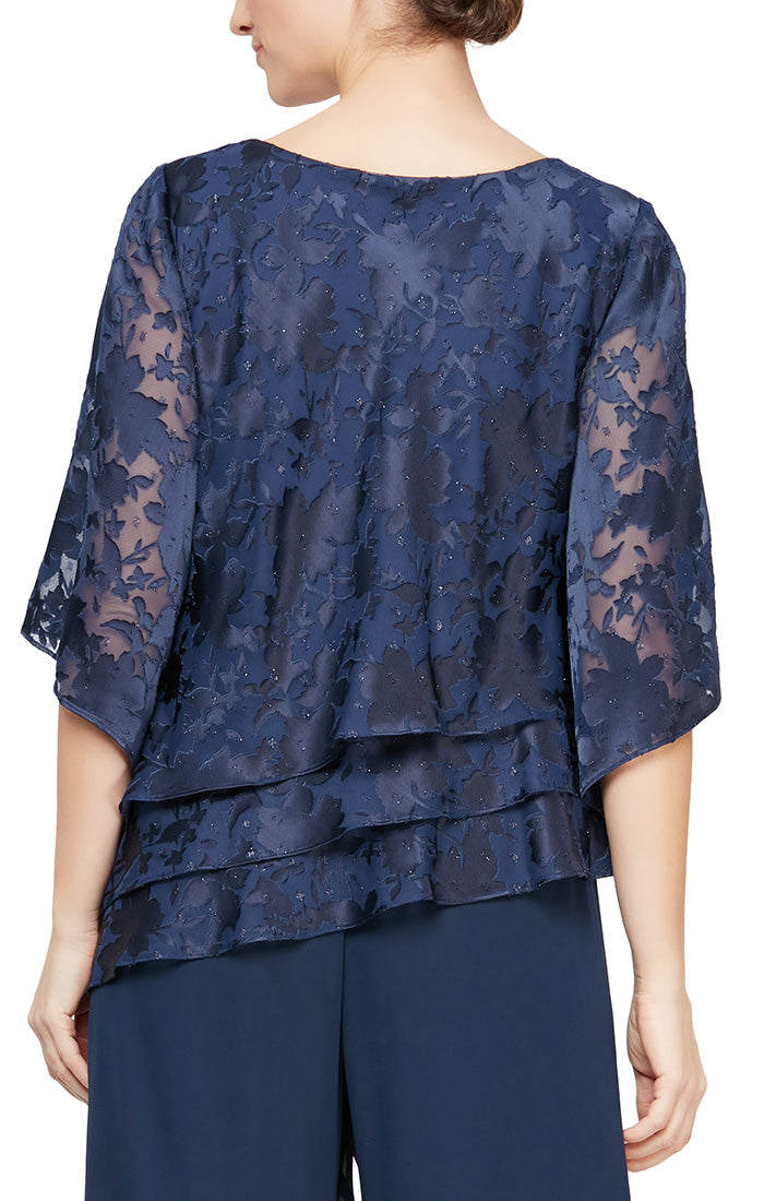 Alex Evenings Boat Neck 3/4 Sleeve Multi Print Asymmetrical Triple Tier Hem Burnout Chiffon Top