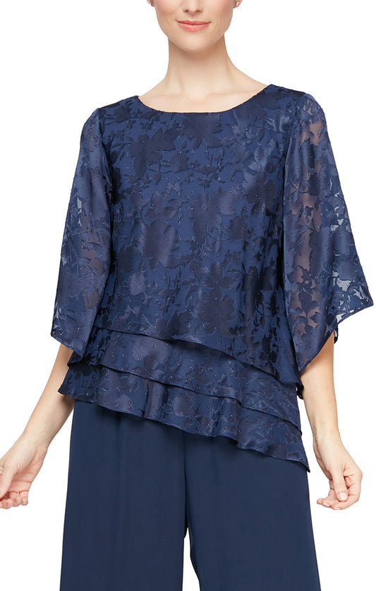 Alex Evenings Boat Neck 3/4 Sleeve Multi Print Asymmetrical Triple Tier Hem Burnout Chiffon Top ( Petite ) - DARK NAVY - Front