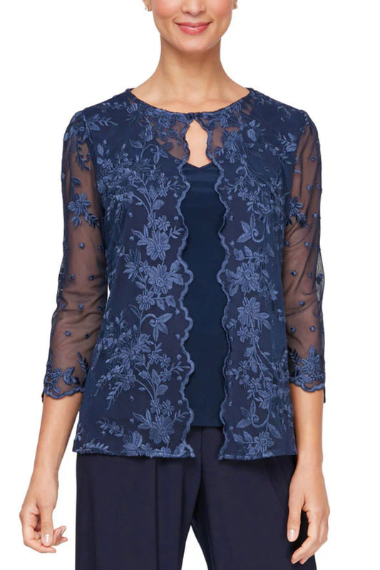 Alex Evenings Embroidered Mesh Faux Hook Neck Twinset - Wholesale - DARK NAVY - Front 