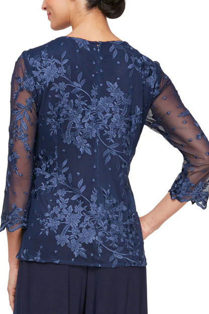 Alex Evenings Embroidered Mesh Faux Hook Neck Twinset - Wholesale - DARK NAVY - Back 