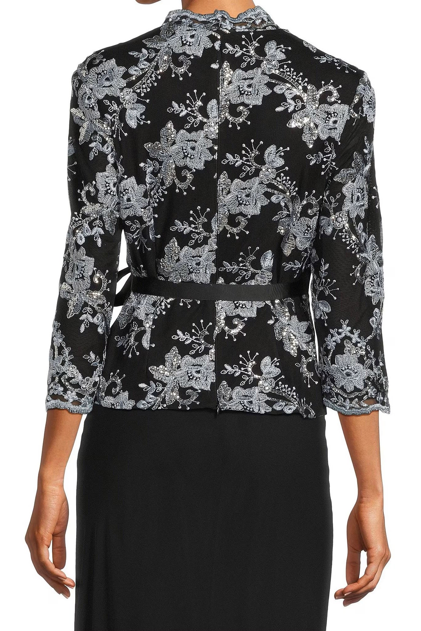 Alex Evenings V-neck 3/4 Sleeve Tie Waist Embellished Mesh Blouse - Wholesale - BLACK HYDRANGEA - Back 