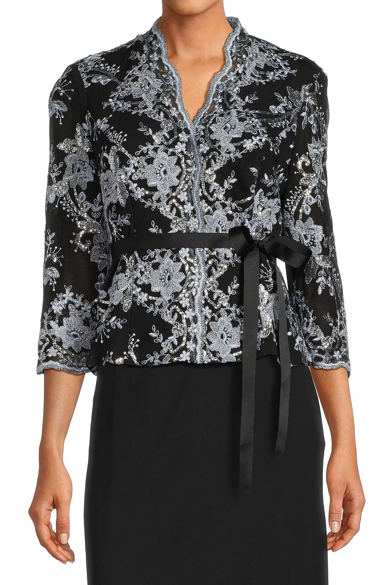 Alex Evenings V-neck 3/4 Sleeve Tie Waist Embellished Mesh Blouse - Wholesale - BLACK HYDRANGEA - Front