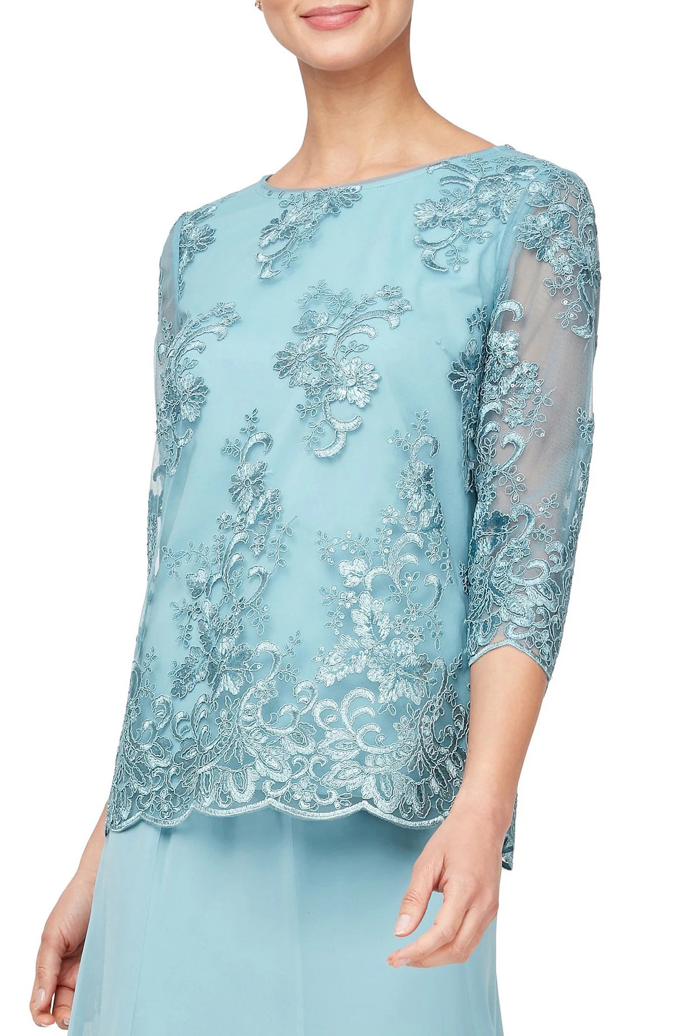 Alex Evenings 3/4 Sleeve Crew Neck Embroidered Scallop Hem Blouse - VINTAGE TEAL - FRONT VIEW