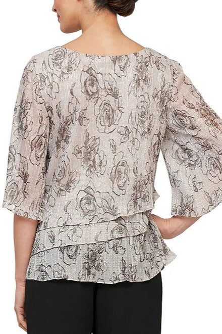 Alex Evenings 3/4 Sleeve Crew Neck Asymmetrical Tiered Hem Printed Blouse - BUFF - Back