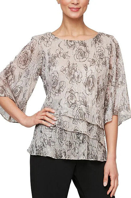 Alex Evenings 3/4 Sleeve Crew Neck Asymmetrical Tiered Hem Printed Blouse - BUFF - Front