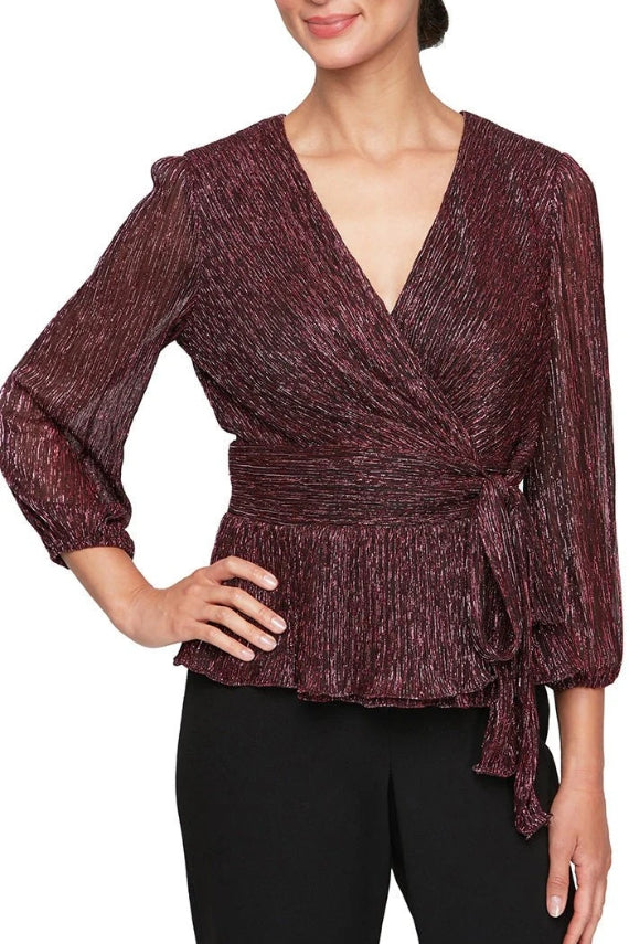 Alex Evenings Surplice Blouse with Tie Waist & Balloon Sleeves - BLACK WINE - Front