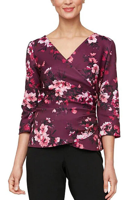 Alex Evenings V-Neck 3/4 Sleeve Faux Wrap Top - BERRY MULTI - Front