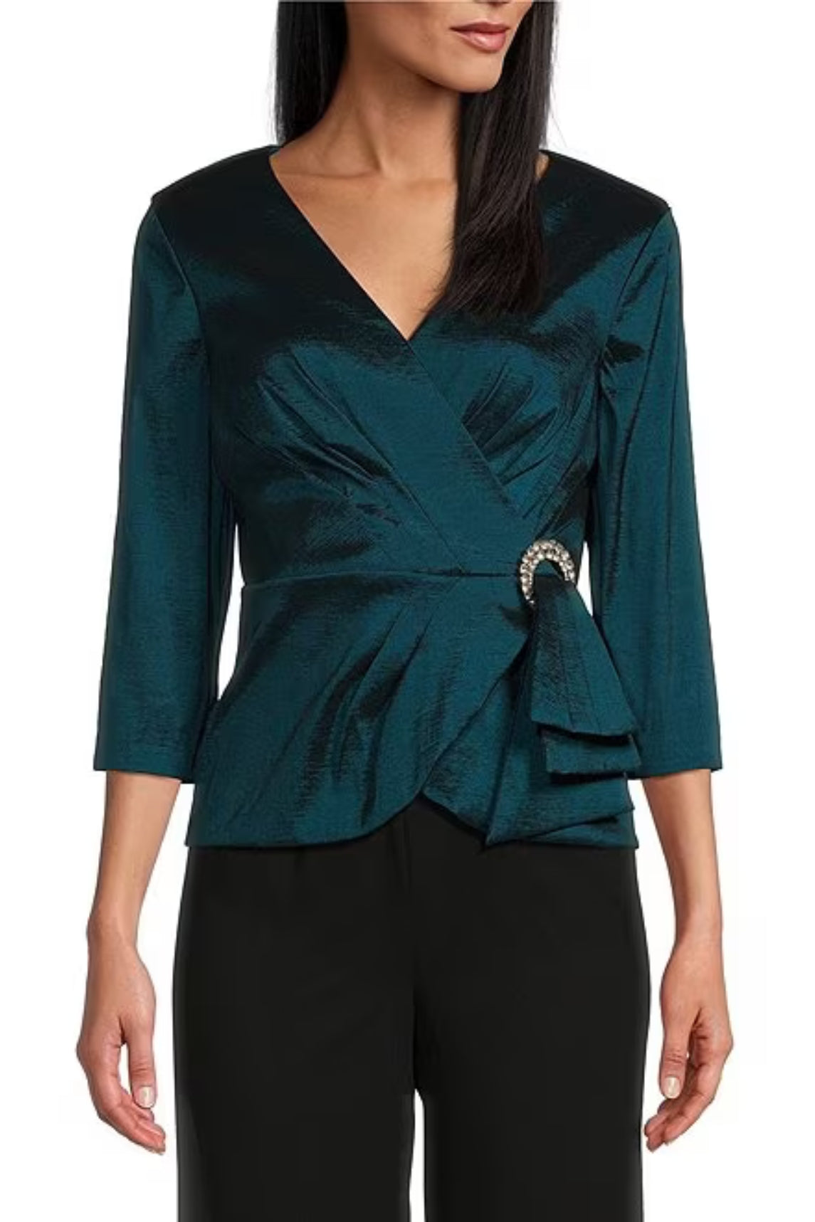 Alex Evenings 3/4 Sleeve Surplice V-Neck Embellished Hip Taffeta Blouse  - Wholesale - TEAL - Front 