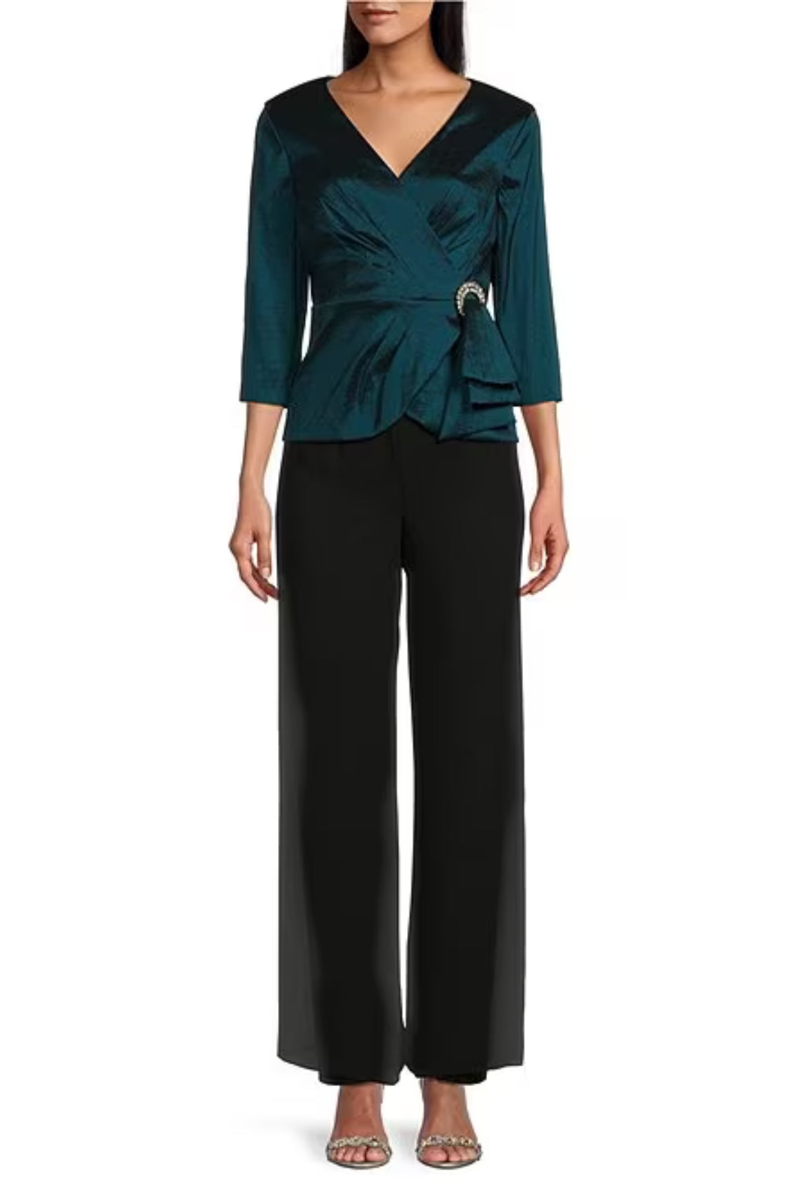 Alex Evenings 3/4 Sleeve Surplice V-Neck Embellished Hip Taffeta Blouse - Wholesale - TEAL - Front full view