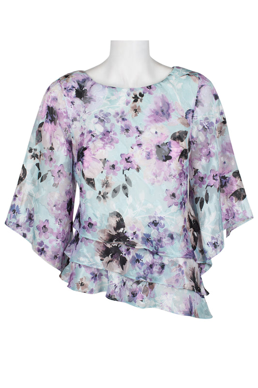 Alex Evenings Asymmetrical Tiered Dolman Sleeve Floral Print Burnout Top - MULTI - front