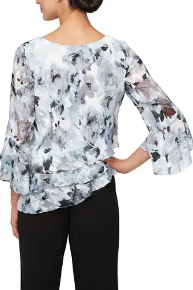 Alex Evenings 3/4 Sleeve Scoop Neck Asymmetrical Hem Floral Printed Blouse - IVORY MULTI - Back