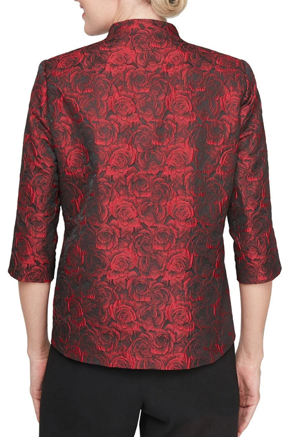 Alex Evenings 3/4 Sleeve Printed Jacquard Blouse With Asymmetric Hem & Decorative Closure - BLACK RED - Back