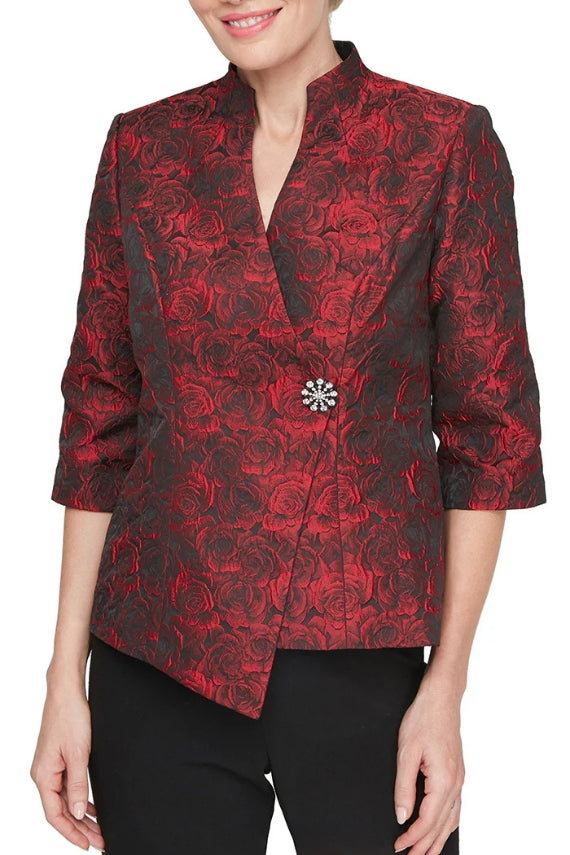 Alex Evenings 3/4 Sleeve Printed Jacquard Blouse With Asymmetric Hem & Decorative Closure - BLACK RED - Front