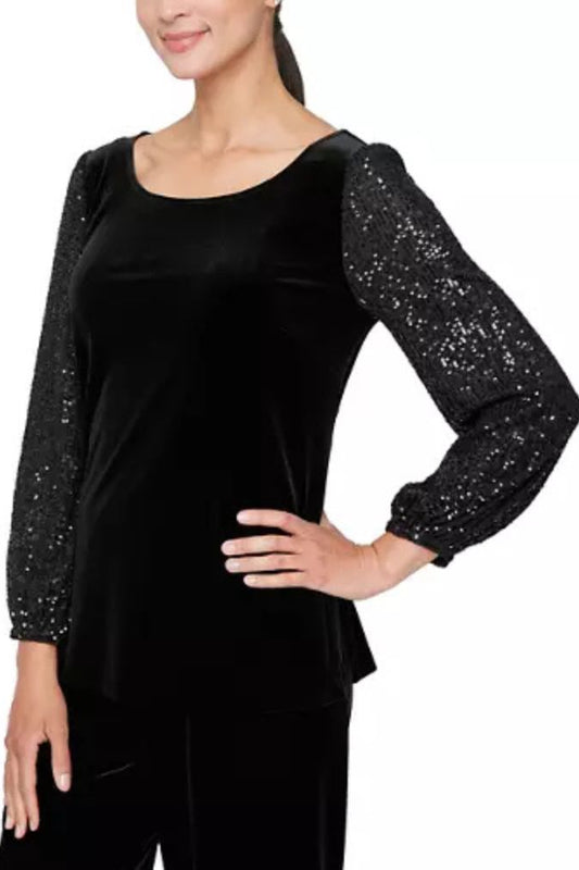 Alex Evenings Blouse with Embellished Ruched Waist - BLACK - Front