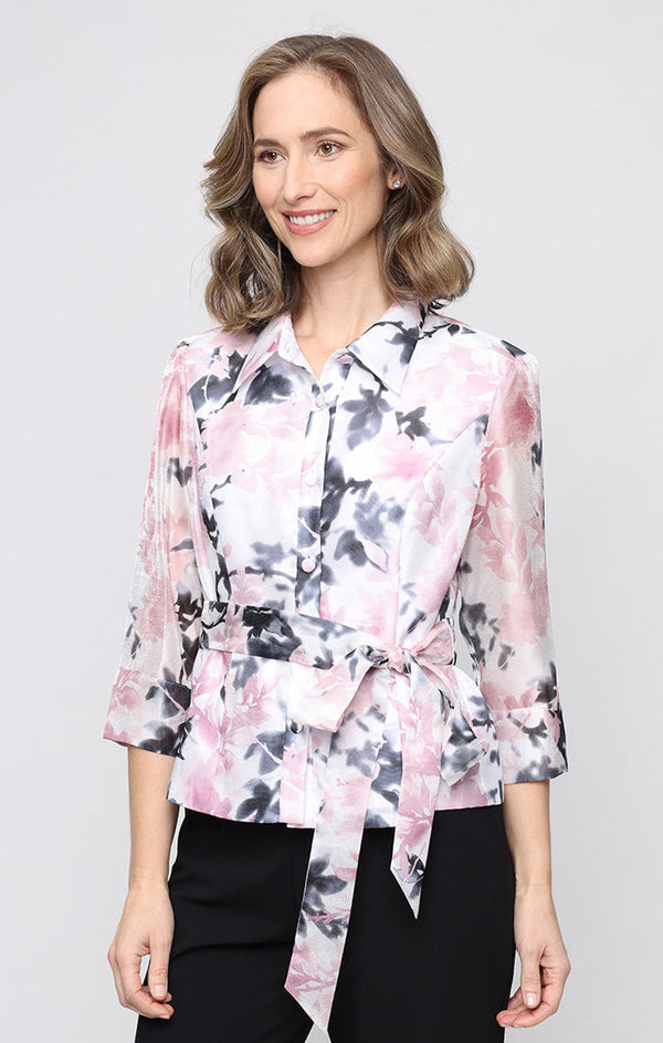 Wholesale 3/4 Sleeve Printed Yoryu Blouse with Collar, Button Front Detail, Cuffs and Tie W Alex Evenings 8292030
