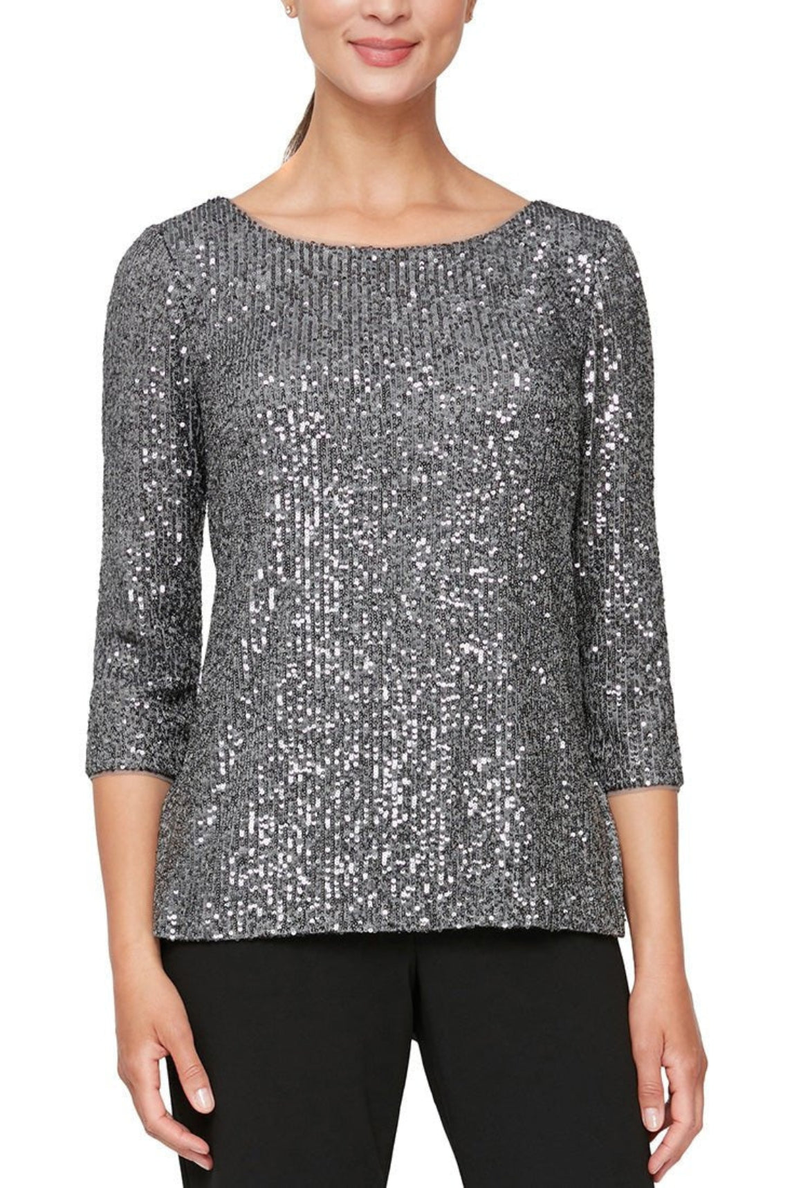 Alex Evenings 3/4 Sleeve Scoop Neck Sequin Tunic Blouse ( Plus Size ) - Wholesale  - PEWTER - Front 