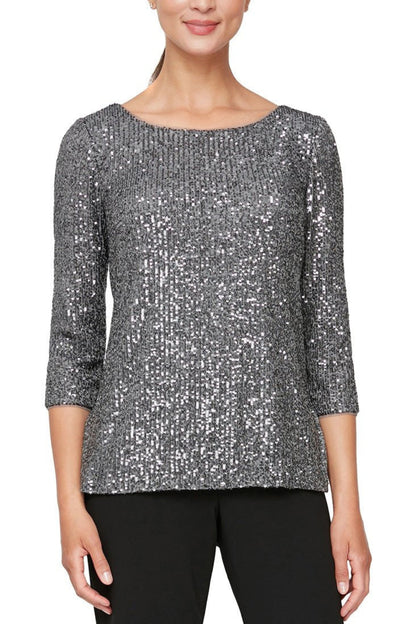 Alex Evenings 3/4 Sleeve Scoop Neck Sequin Tunic Blouse ( Plus Size ) - Wholesale  - PEWTER - Front 