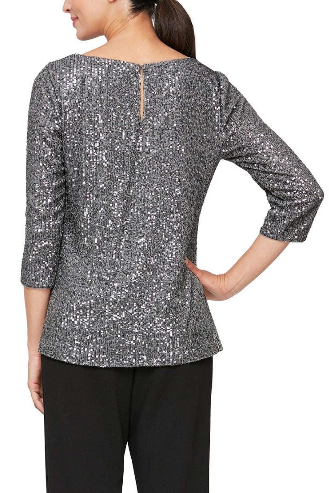 Alex Evenings 3/4 Sleeve Scoop Neck Sequin Tunic Blouse ( Plus Size ) - Wholesale - PEWTER - Back 