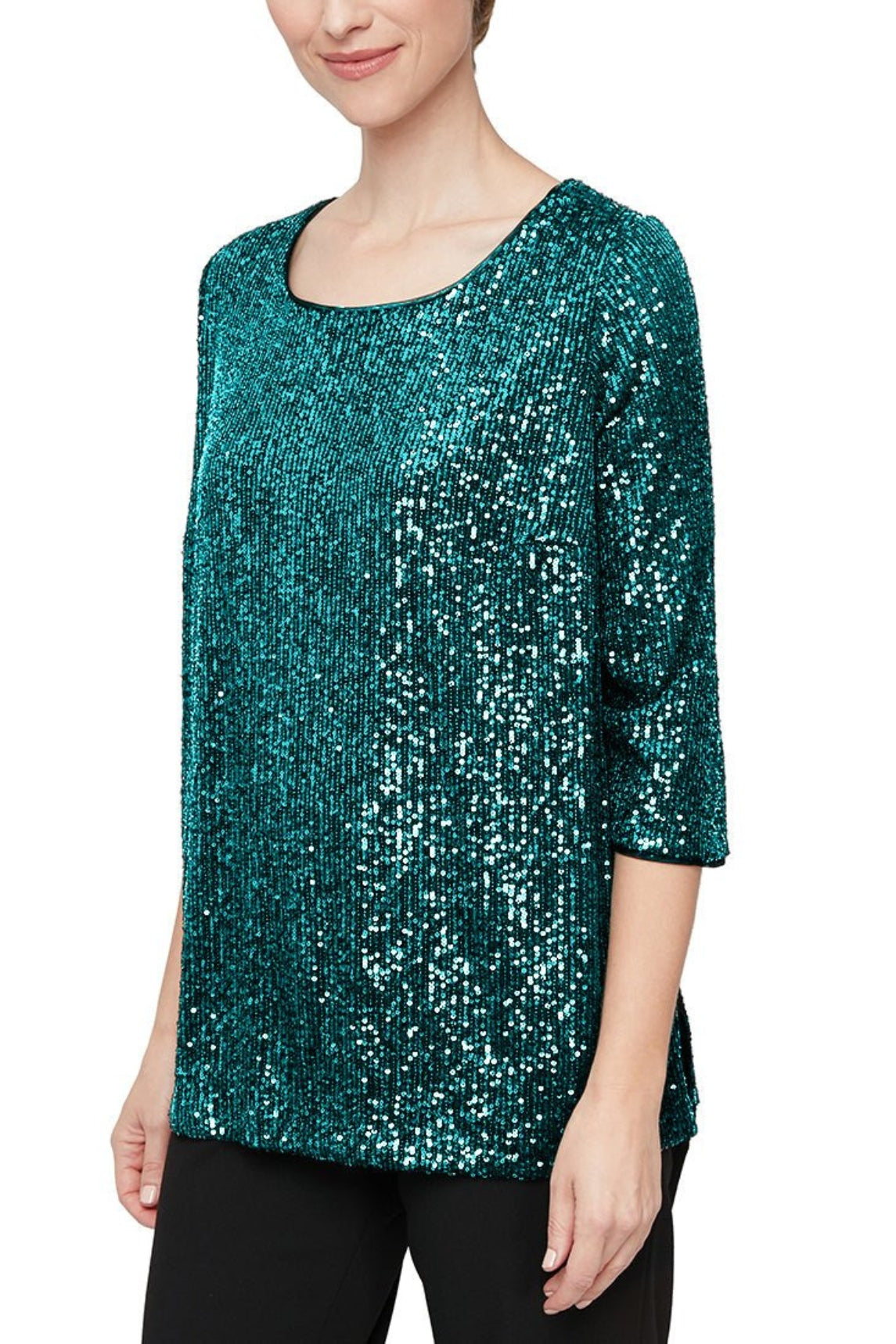 Alex Evenings Sequin-Detail Tunic Blouse - Wholesale - TEAL - Front 