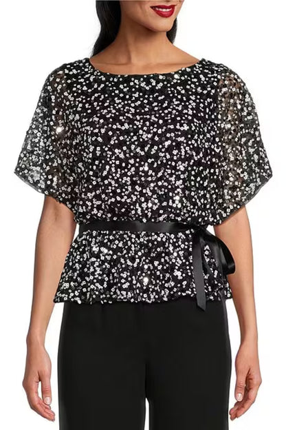 Alex Evenings Short Sleeve Sequin Scoop Neck Tie Waist Blouson Blouse - Wholesale - BLACK WHITE - Front 