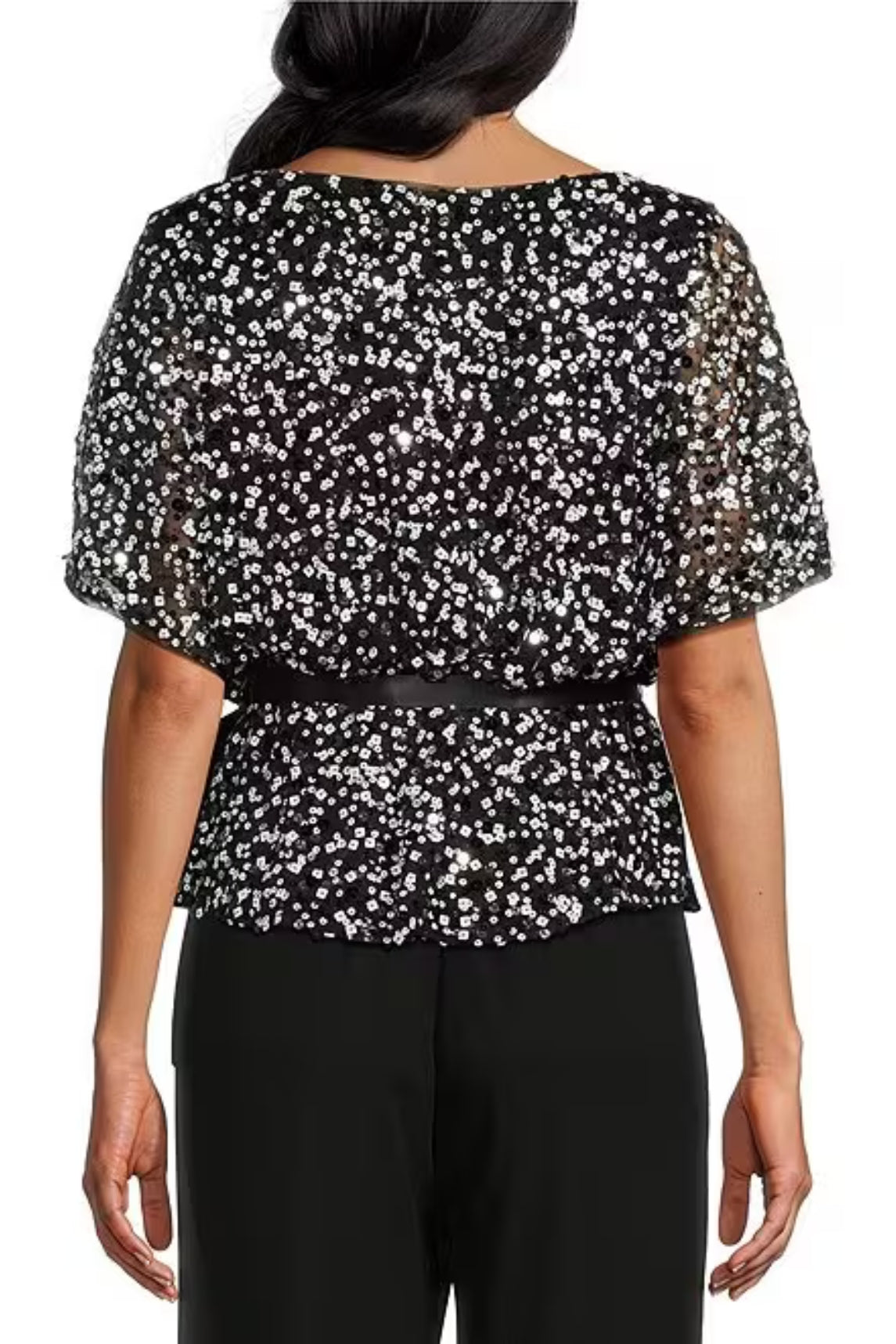 Alex Evenings Short Sleeve Sequin Scoop Neck Tie Waist Blouson Blouse - Wholesale - BLACK WHITE - Back 