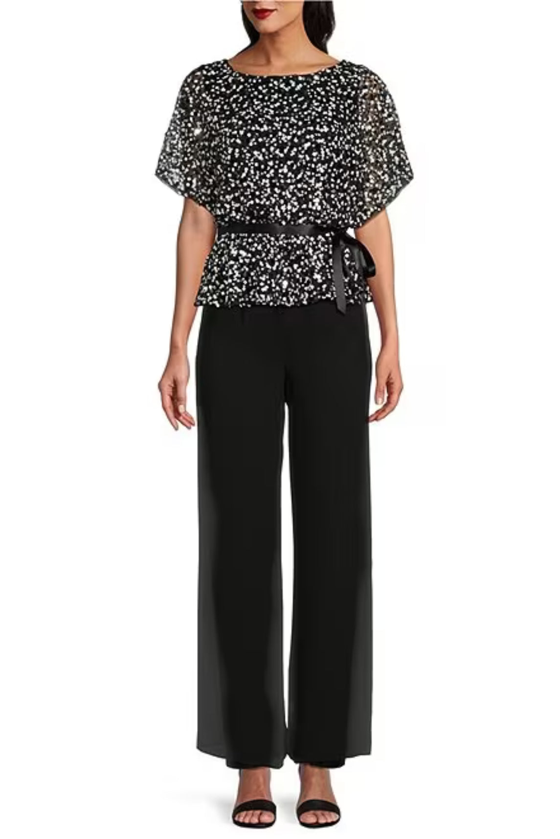 Alex Evenings Short Sleeve Sequin Scoop Neck Tie Waist Blouson Blouse - Wholesale - BLACK WHITE - Front full view