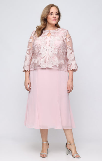Wholesale Tea Length Mock Jacket Dress With Illusion Sleeves, Scallop Detail, Hook Neck Closure, and A-Line Skirt Alex Evenings 84122421