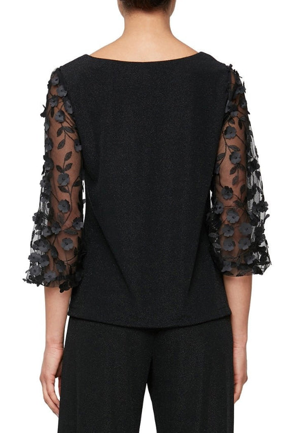 ALEX EVENINGS 3/4 Sleeve Metallic Knit Blouse with 3-D Flower Illusion Sleeves (Plus Size) - BLACK - Back