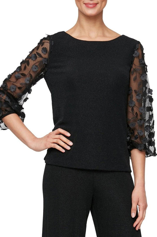 ALEX EVENINGS 3/4 Sleeve Metallic Knit Blouse with 3-D Flower Illusion Sleeves (Plus Size) - BLACK - Front 