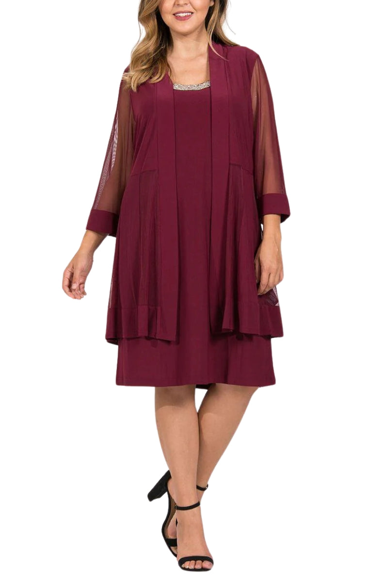 R&M Richards Embellished Panel Jacket Dress (Plus Size) - MERLOT - Front 