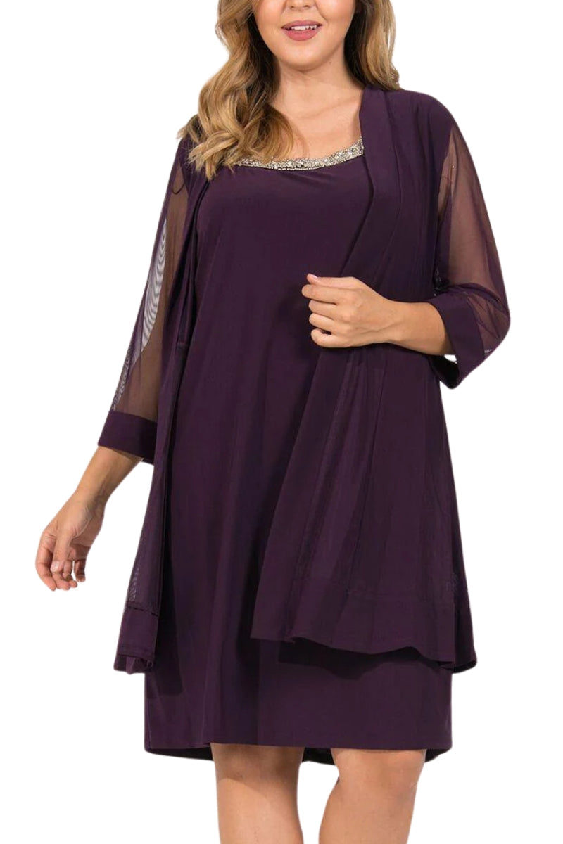 R&M Richards Embellished Panel Jacket Dress (Plus Size) - PLUM - Front