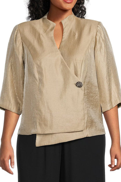 Alex Evenings 3/4 Sleeve V-Neck Asymmetric Overlay Hem Blouse (Plus Size) - TAUPE - Fabric