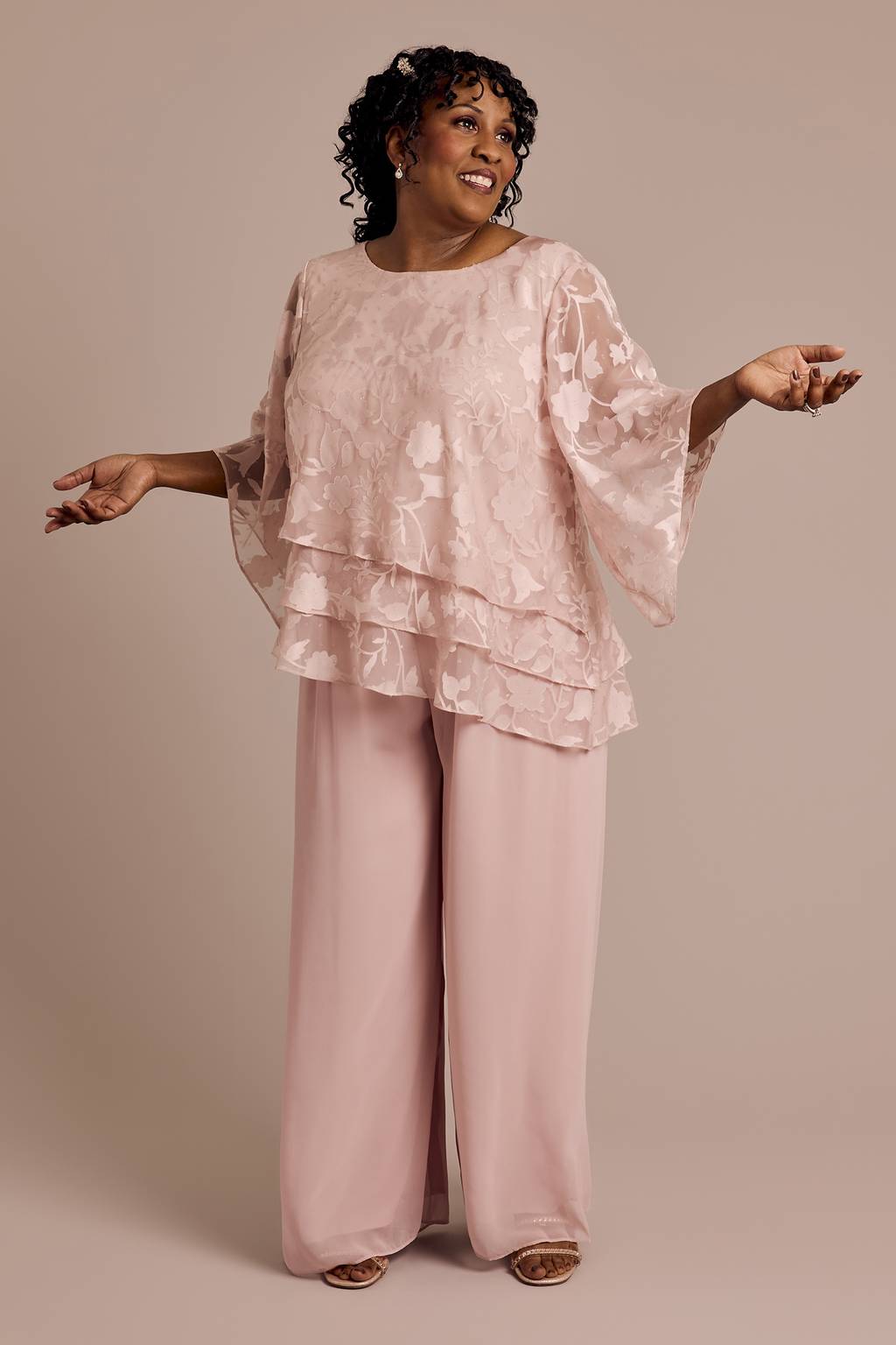 Wholesale Plus Asymmetrical Triple Tier Hem Burnout Chiffon Blouse with Illusion Alex Evenings 8475812