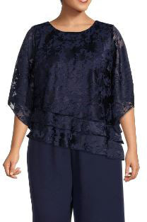 Alex Evenings Scoop Neck Short Sleeve Burnout Asymmetrical Triple Tier Hem Chiffon Top ( Plus Size ) - Wholesale - DARK NAVY - Front 