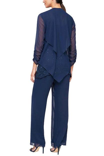 Alex Evenings Chiffon Lace Scoop Neck Straight Leg 3 Piece Pantsuit (Plus Size) - NAVY - Back 