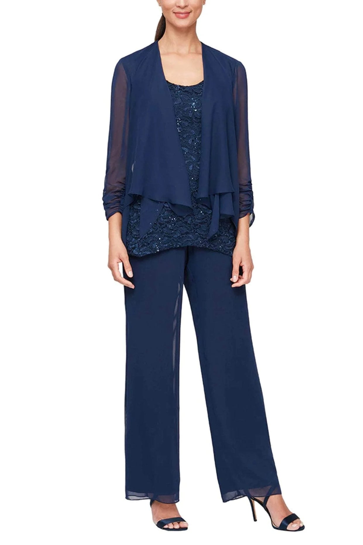 Alex Evenings Chiffon Lace Scoop Neck Straight Leg 3 Piece Pantsuit (Plus Size) - NAVY - Front 