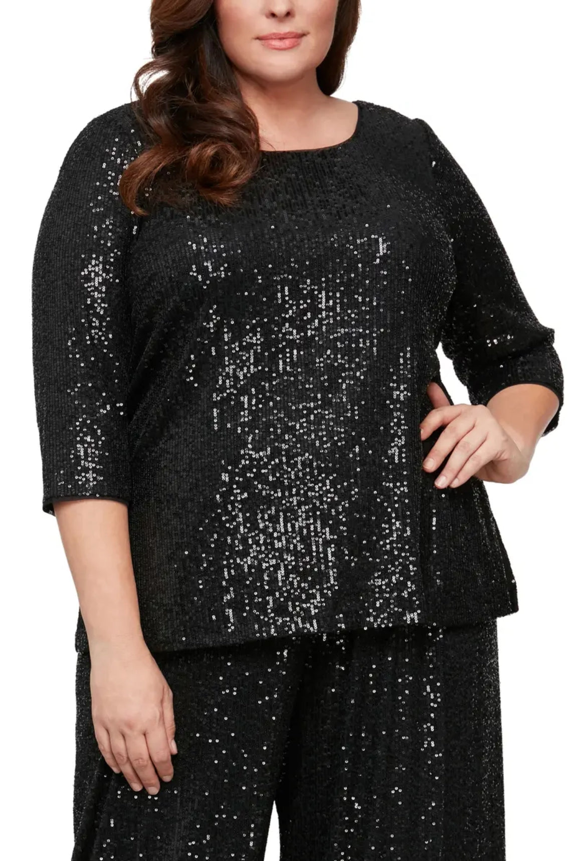 Alex Evenings 3/4 Sleeve Scoop Neck Sequin Tunic Blouse ( Plus Size ) - Wholesale  - BLACK - Front 