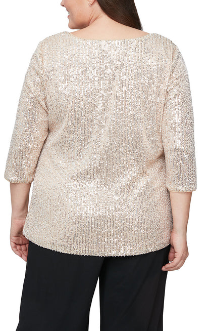 Alex Evenings 3/4 Sleeve Scoop Neck Sequin Tunic Blouse ( Plus Size ) - Wholesale - TAUPE - Back 