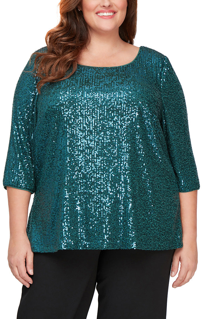 Alex Evenings 3/4 Sleeve Scoop Neck Sequin Tunic Blouse ( Plus Size ) - Wholesale - TEAL - Front 