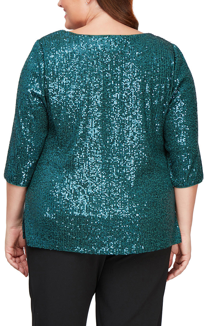 Alex Evenings 3/4 Sleeve Scoop Neck Sequin Tunic Blouse ( Plus Size ) - Wholesale - TEAL - Back