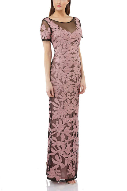 JS Collections Boat Neck Short Sleeve Zipper Slit Back Embellished Soutache Mesh Gown - ANTIQUE ROSE - Front