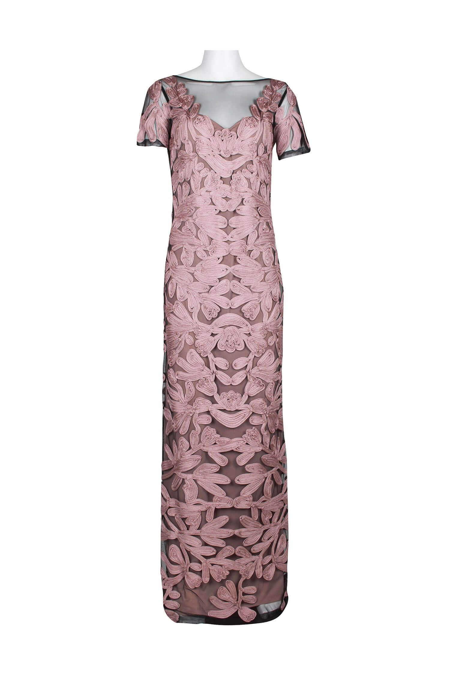 JS Collections Boat Neck Short Sleeve Zipper Slit Back Embellished Soutache Mesh Gown - ANTIQUE ROSE - Front View