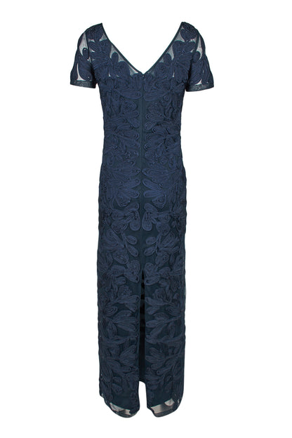 JS Collections Boat Neck Short Sleeve Zipper Slit Bk Embellished Soutache Mesh Dress - NAVY - BACK 