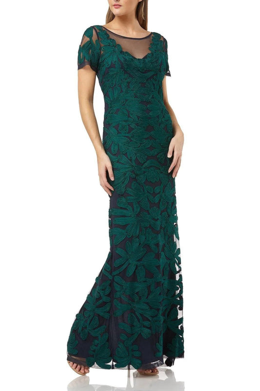 JS Collections Boat Neck Short Sleeve Zipper Slit Bk Embellished Soutache Mesh Dress - JADE NAVY - FRONT 