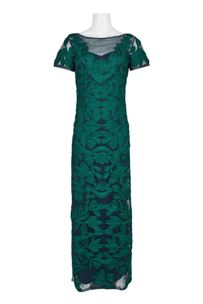 JS Collections Boat Neck Short Sleeve Zipper Slit Back Embellished Soutache Mesh Gown - JADE NAVY - Front View