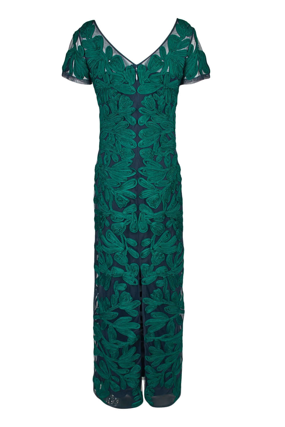 JS Collections Boat Neck Short Sleeve Zipper Slit Back Embellished Soutache Mesh Gown - JADE NAVY - Back