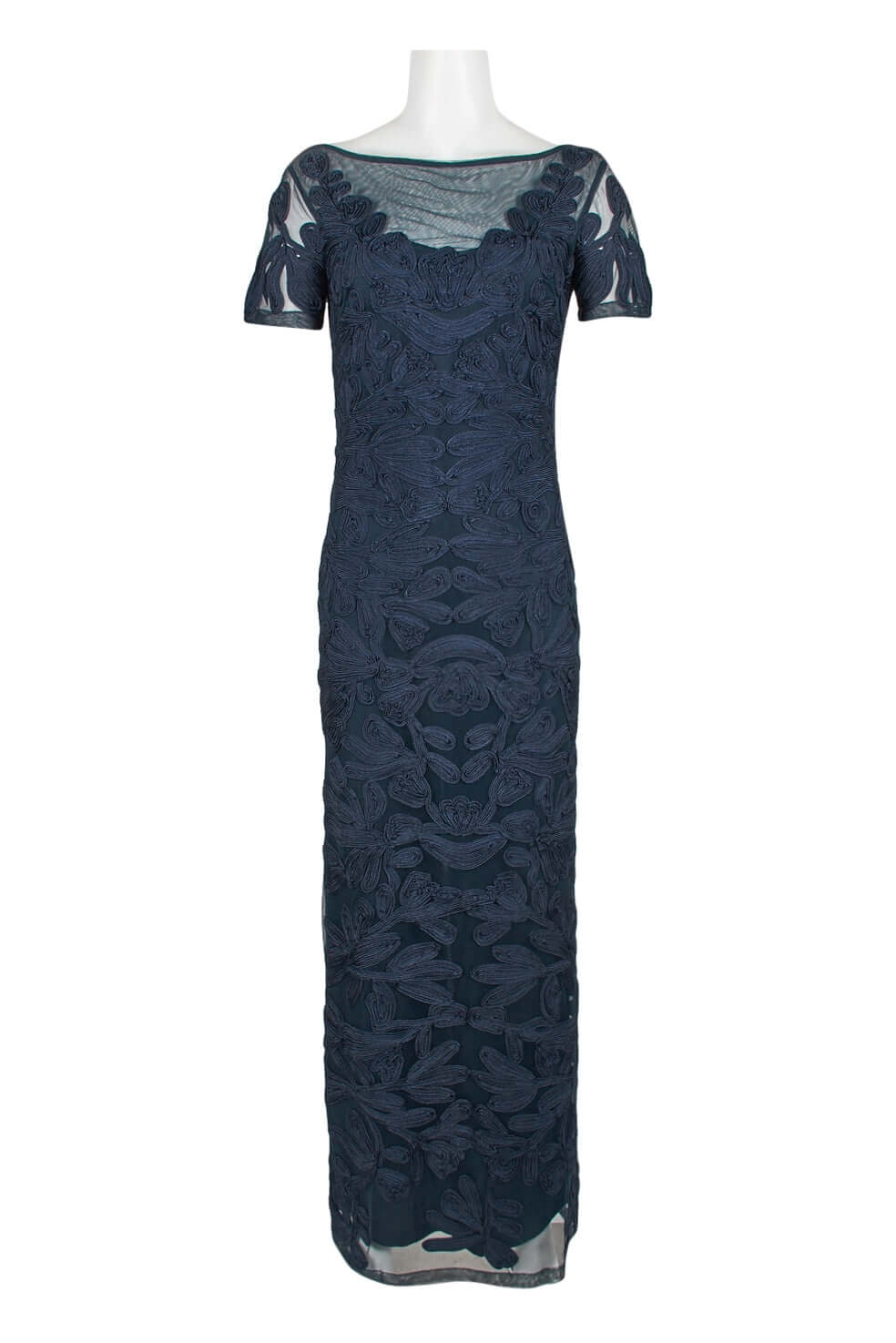 JS Collections Boat Neck Short Sleeve Zipper Slit Back Embellished Soutache Mesh Gown - NAVY - Front View